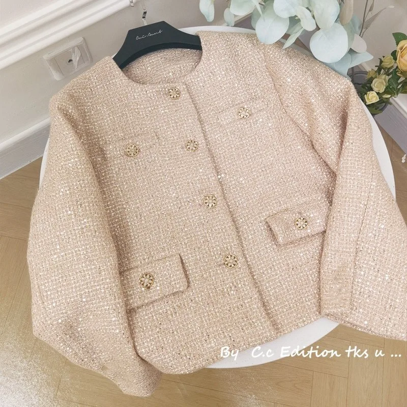 Paillettes piccola fragranza cappotto corto Tweed elegante temperamento femminile top 2024 autunno coreano Chic rosa O collo giacche donna