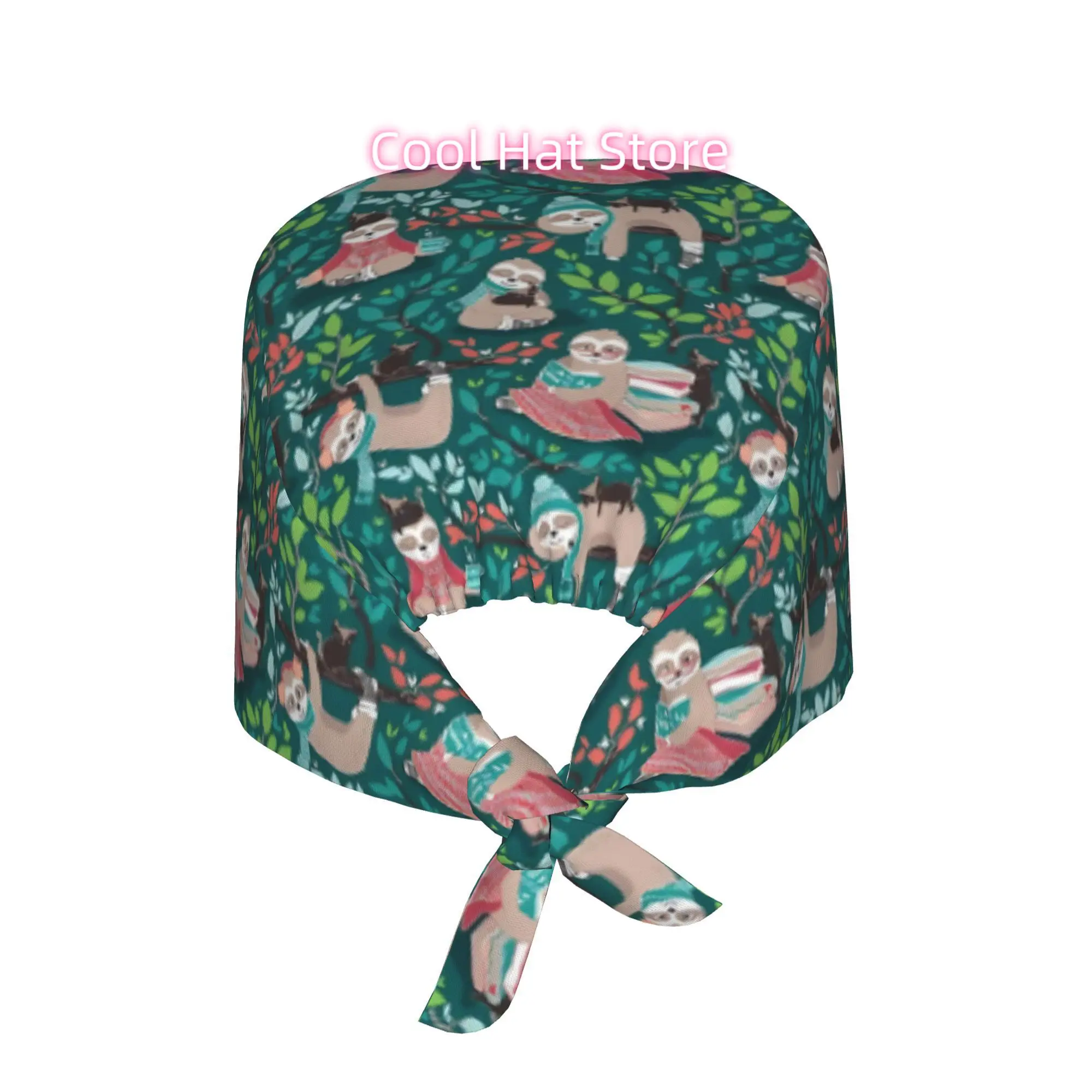 Hygge Sloth Green And Orange Unisex Work Cap Adjustable Lightweight with Lace Up Desig Dust Proof Suitable for Nurses And Chefs