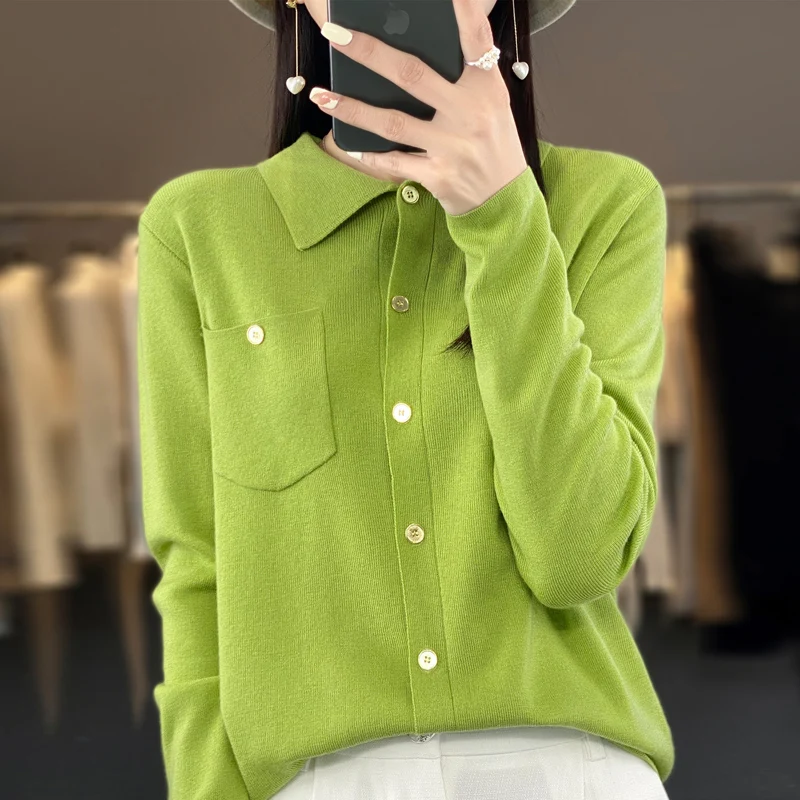 Women\'s Cardigan With Pocket Spring And Summer New Lapel Shirt Fine Imitation Wool Sweater High Street Coat Top Long Sleeves