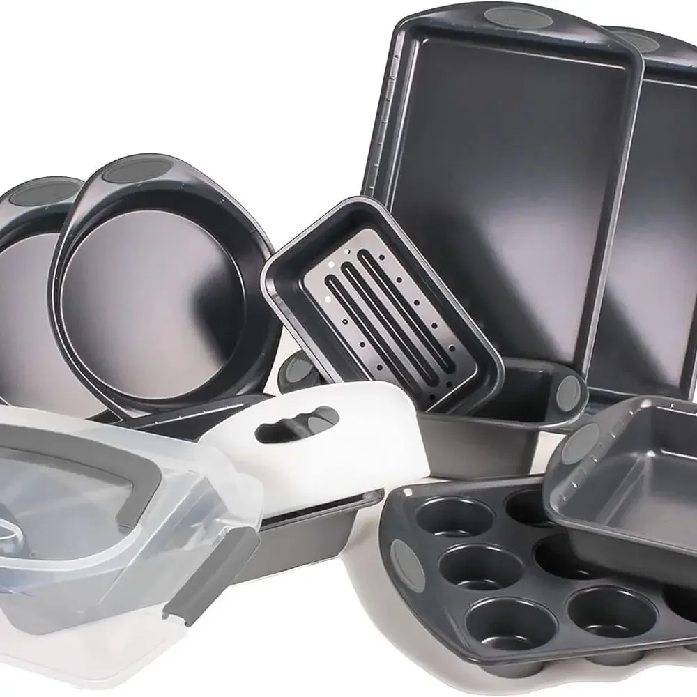 

11-Piece Baking Set with Covered Cake Pan, Cookie Sheets, Muffin Pan, Loaf Pan, Assorted Pans, Slicer, Non-Toxic, PFOA-Free, Gre