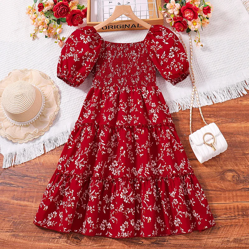 8-12Ys Summer Red Short-Sleeved Dress For Girls Retro Floral Printed Teenager Vacation Party Holiday Comfortable Pastoral Style