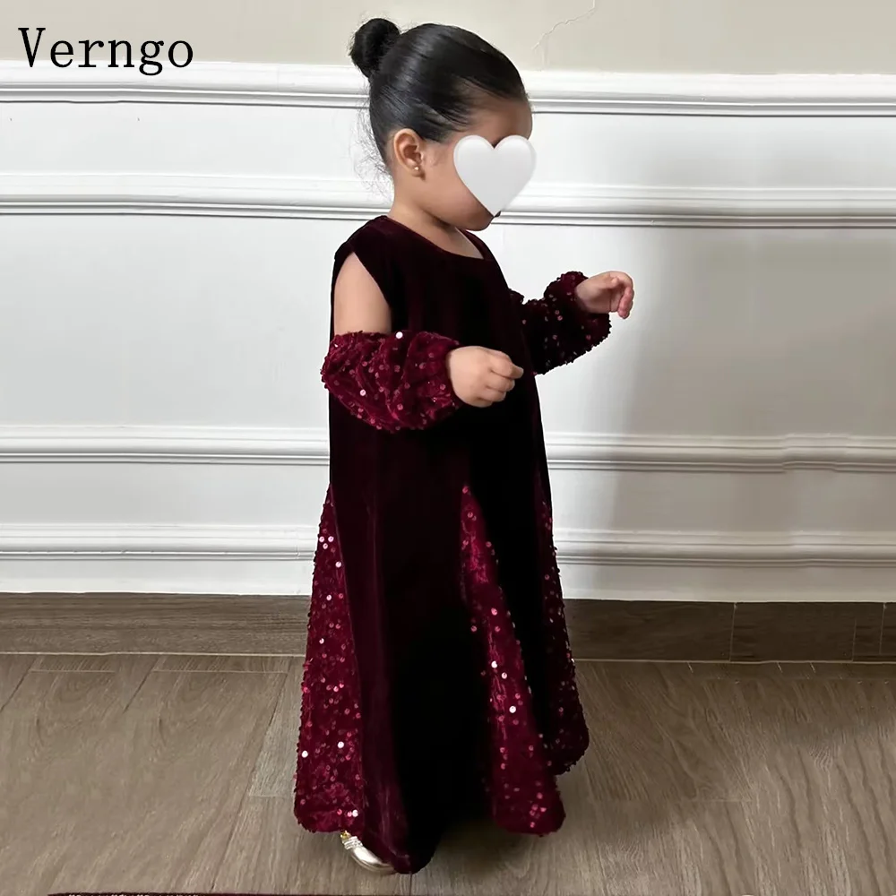 

Детское бархатное платье Verngo цвета бургунди с цветочным узором, мини, с круглым вырезом, рукавами, А-силуэт, для дня рождения, элегантное, с пайетками, на заказ