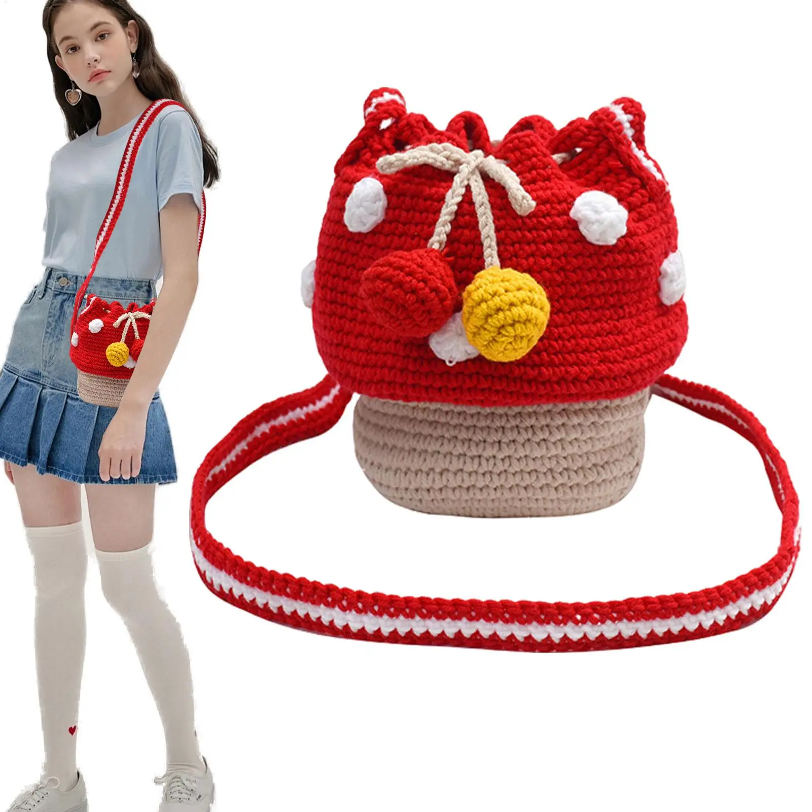 

Women Mushroom Bag Mushroom Sling Small Bag For Purse Knitted Shoulder Bag Knitted Coin Purse Multifunctional For Women