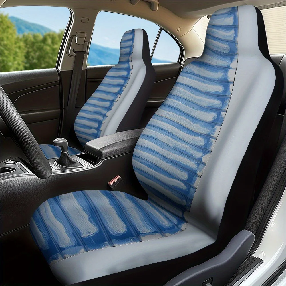 

2pcs Blue White Stripes Car Seat Covers Set | Easy To Install And Clean, Universal Fit For Car, Truck, SUV, Polyester Fiber, Mac