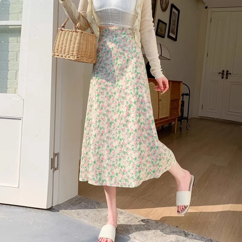 

New 2023 Stylish Floral Printed Tulle Mi-long Women Skirts High Waist Loose Female Umbrella Skirts Ladies Spring Summer