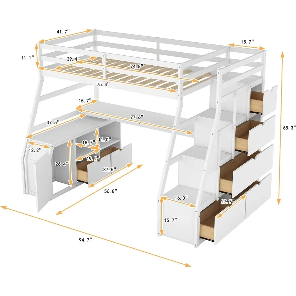 Cama doble tipo loft. Cama alta doble con escaleras y escritorio, marco de cama alta de madera con cajones y gabinete de almacenamiento, cama alta con almacenamiento