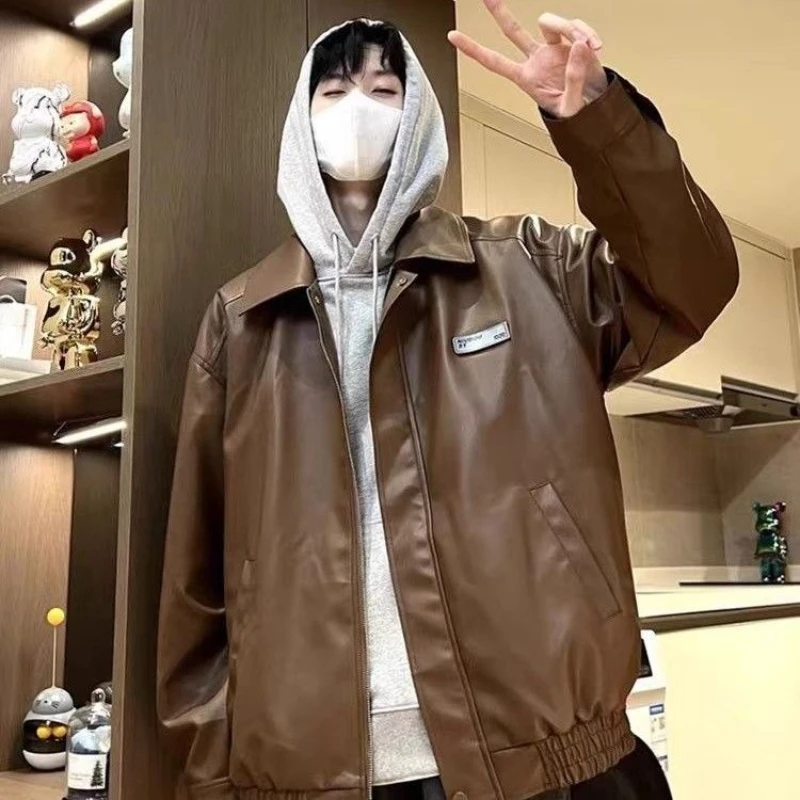 

American Retro Motorcycle Leather Jacket Men's Loose Fit PU Coat Multi Occasion Streetwear​