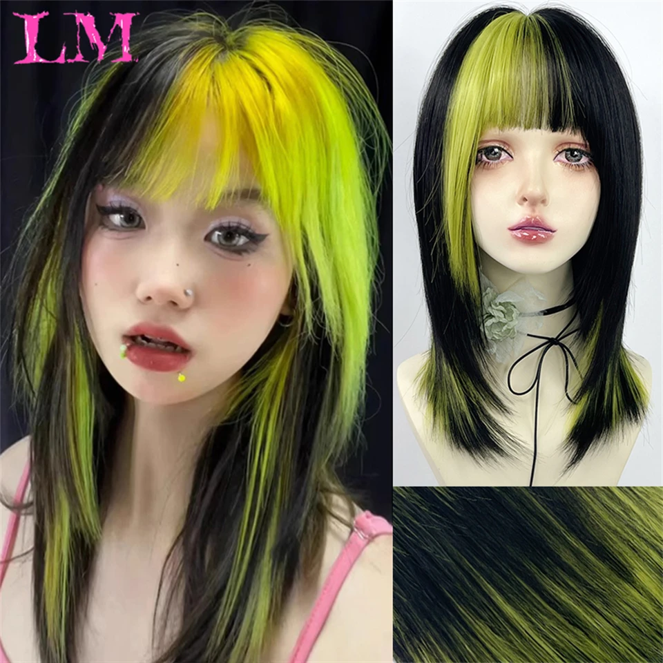 LM Short Straight Green Black Synthetic Wigs with Bangs Natural Blunt Cut Hair Wig for White Women Daily Heat Resistant