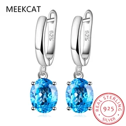Oval Genuine Natural Blue Topaz 925 Sterling Silver Drop Earrings for Women Fashion Statement Gemstone Jewelry