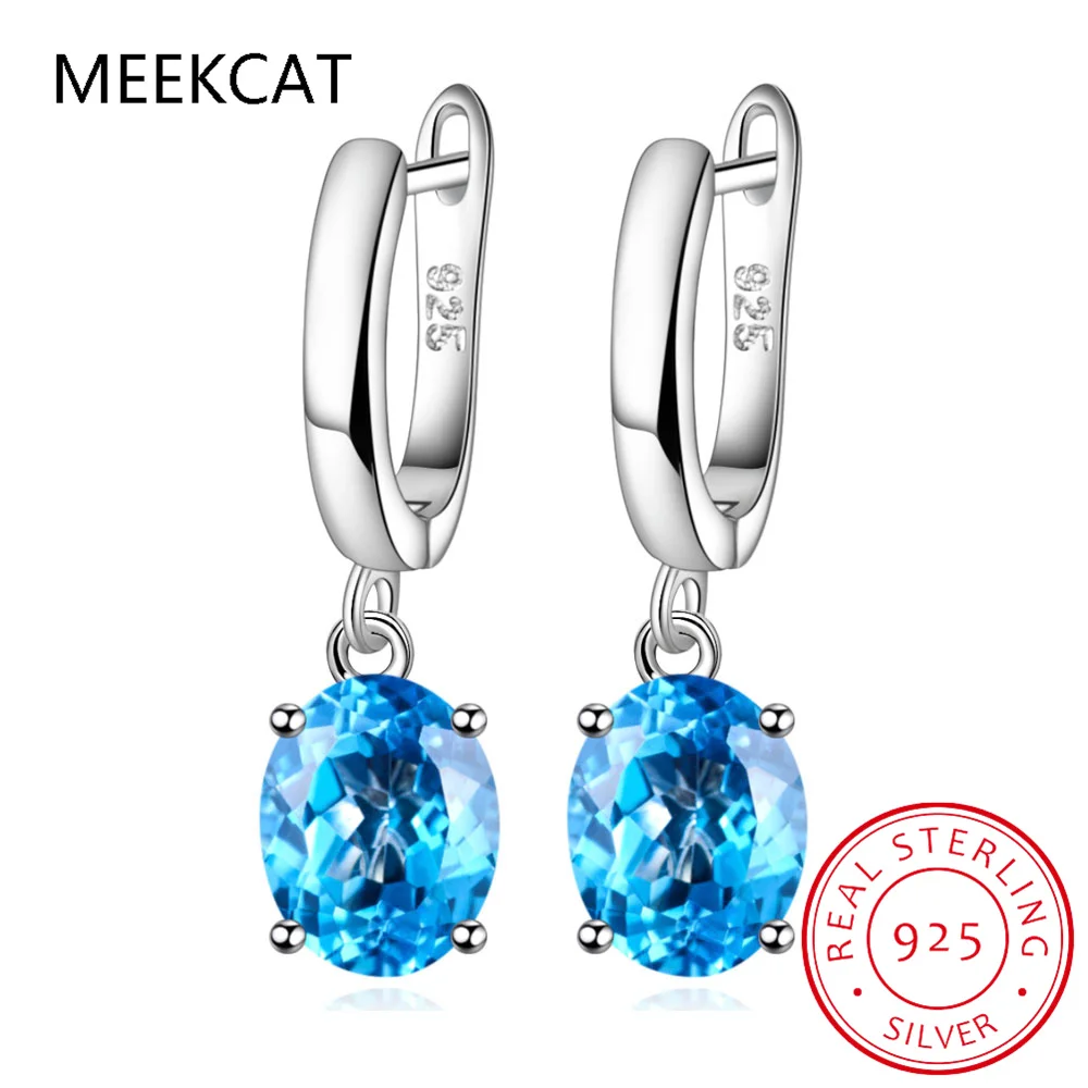 Oval Genuine Natural Blue Topaz 925 Sterling Silver Drop Earrings for Women Fashion Statement Gemstone Jewelry