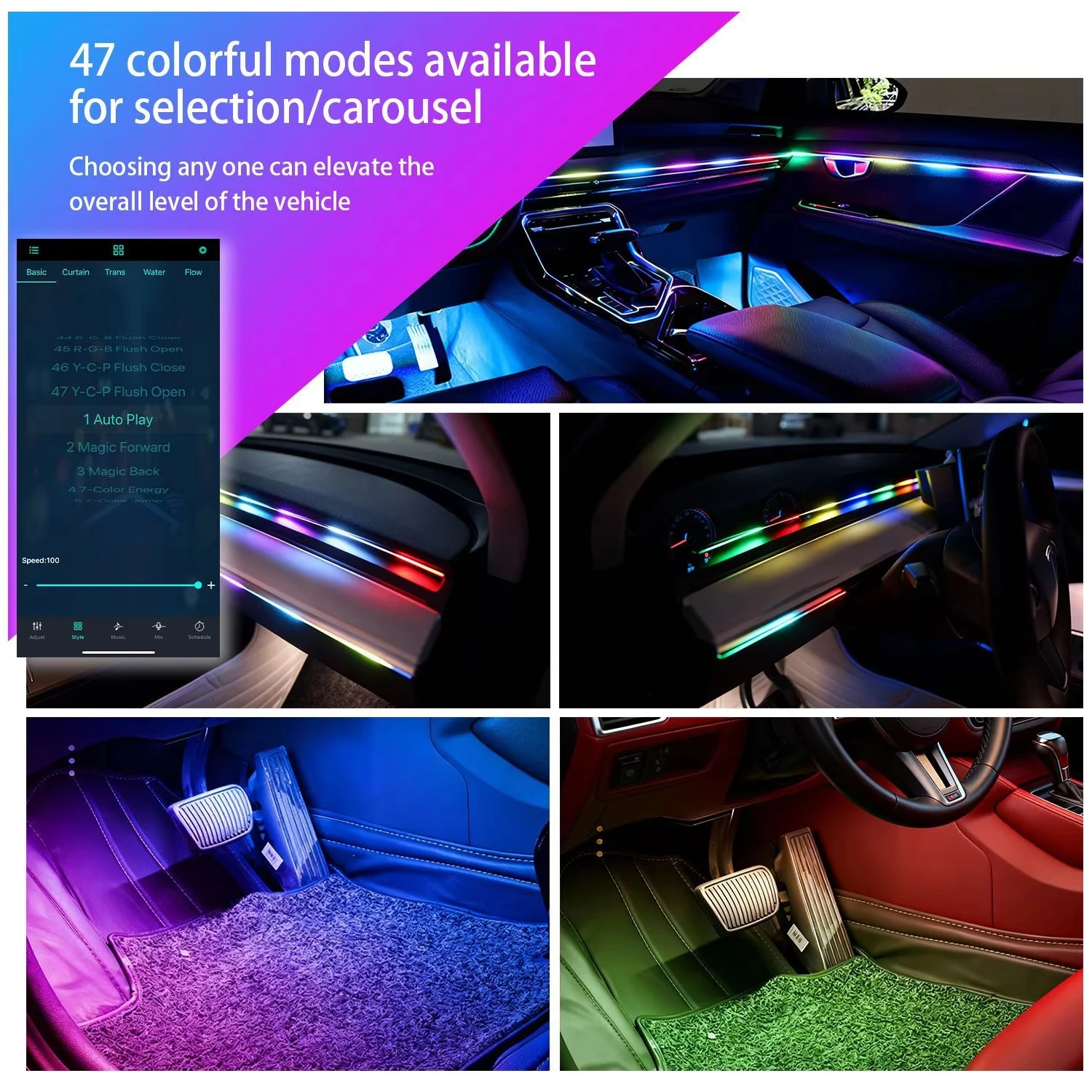 LED Car Interior Ambient Mood Light Neon Acrylic Strip USB App Remote Control Full Color RGB Dashboard Hidden Atmosphere Lamp ﻿ image 5