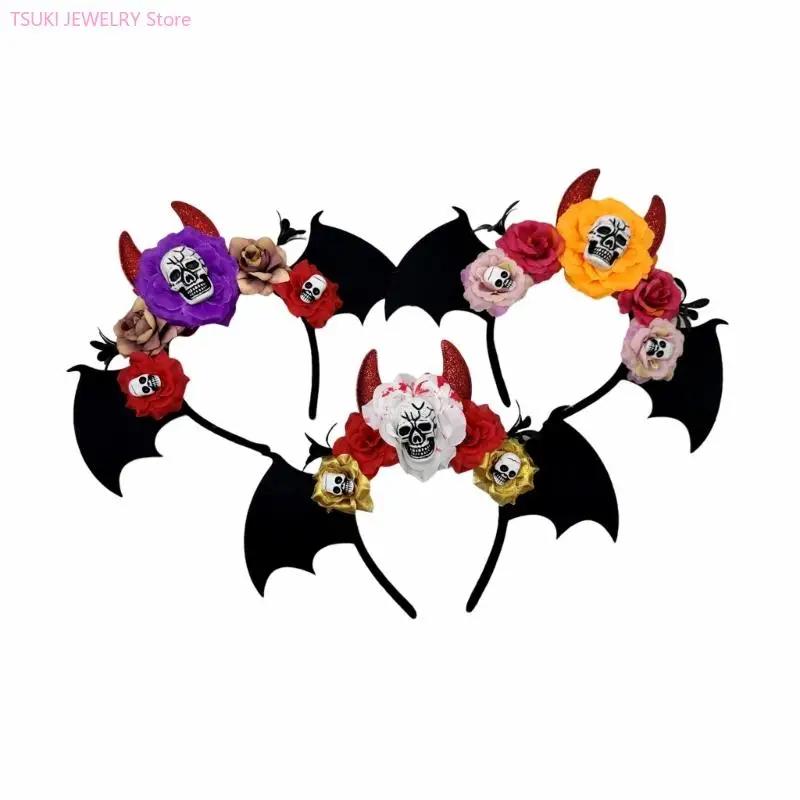 62KE Punk Bloem Schedel Haarband Voor Halloween Feestjes Plastic Hairhoop Party Haaraccessoire Voor Volwassenen Kinderen Kostuum