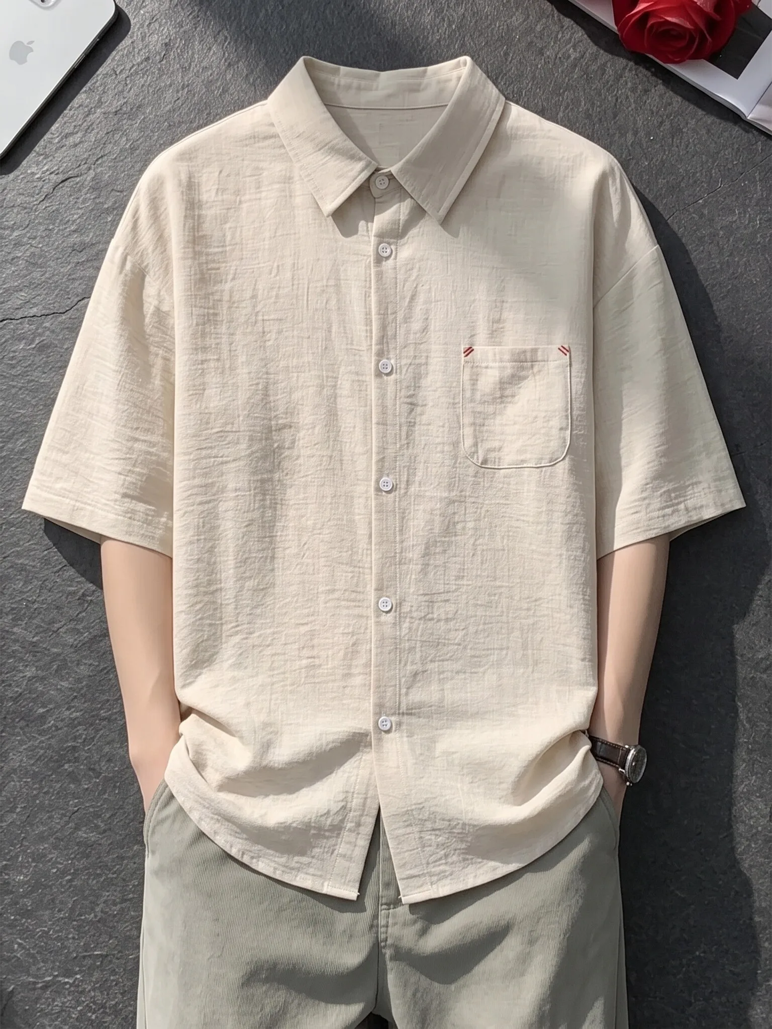 Lightweight Breathable Ice Silk Casual Shirt Men's Summer Short Sleeve Linen-Like  Loose Fit Comfortable Regular Style