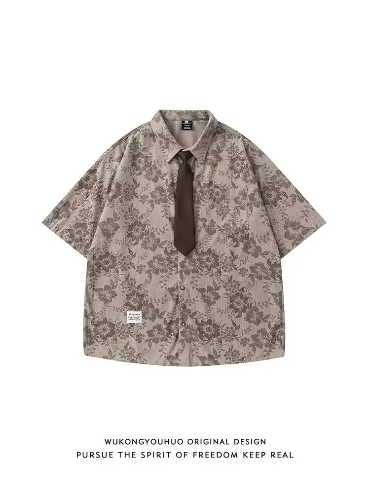 

Unsiex Casual Shirts 2026 Summer Men's Japanese Vintage Floral Print Short Sleeve Shirt Fashion Tie Design Casual Streetwear Top