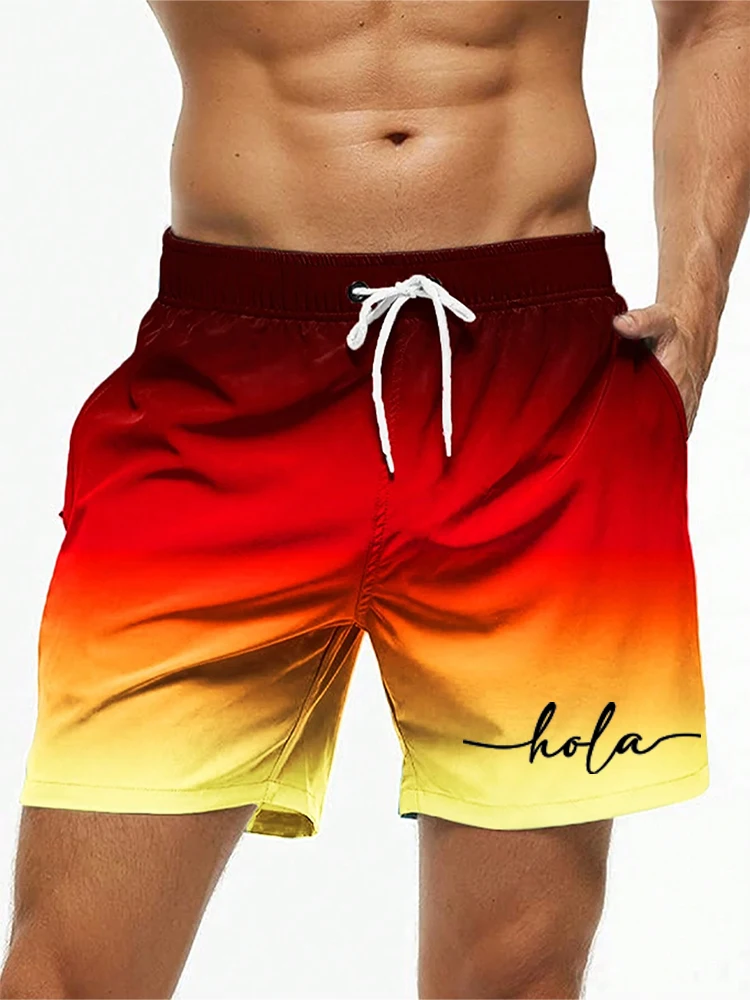 Fashion Letter Design Mens Print Shorts Summer Men's Swim Trunks Elastic Waist 3D Print ‘Hola’Graphics Gradient Breathable Short