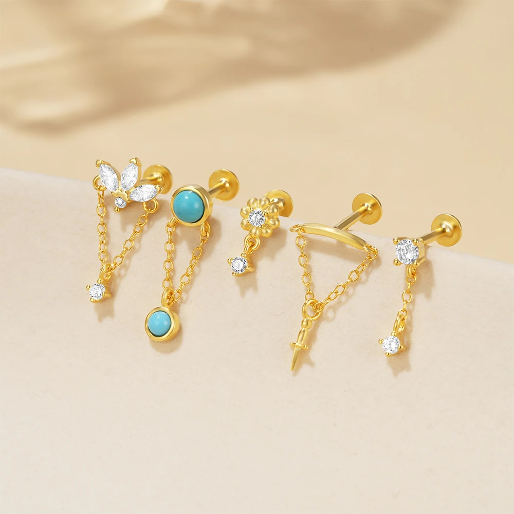 CANNER 1PC S925 Sterling Silver Tassels Chain Zircon Flower Cartilage Piercing Flat Stud Earring for Women Tragus Jewelry Gifts