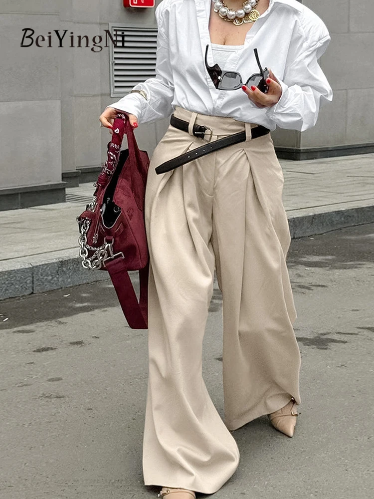 

Beiyingni, брюки цвета хаки с высокой талией для женщин, темпераментные повседневные осенне-зимние женские мешковатые брюки, элегантные модные брюки OL для поездок на работу