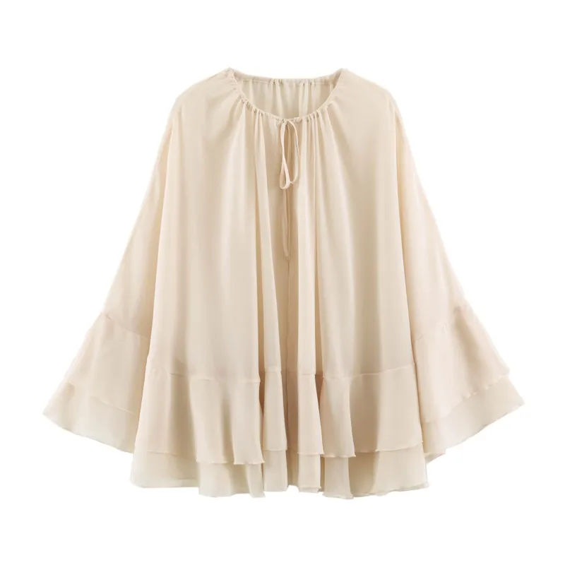 Women's Chiffon Ruffle Shawl 2026 Summer O-neck Lace-up Semi Transparent Shawl Fashion Casual Female Street Tops