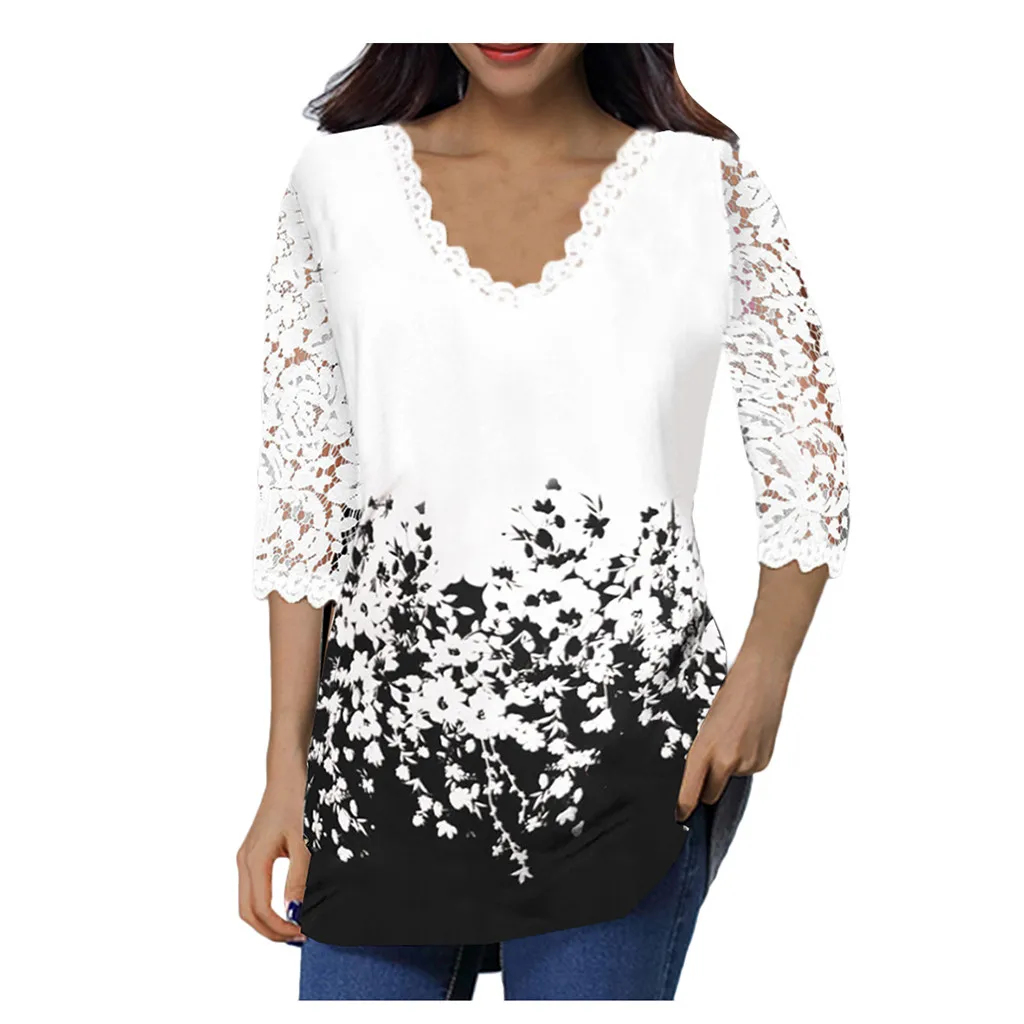 Women\'s Lace 3/4 Sleeve V Neck T Shirt Ladies Floral Blouse Tunic Tops Plus Size