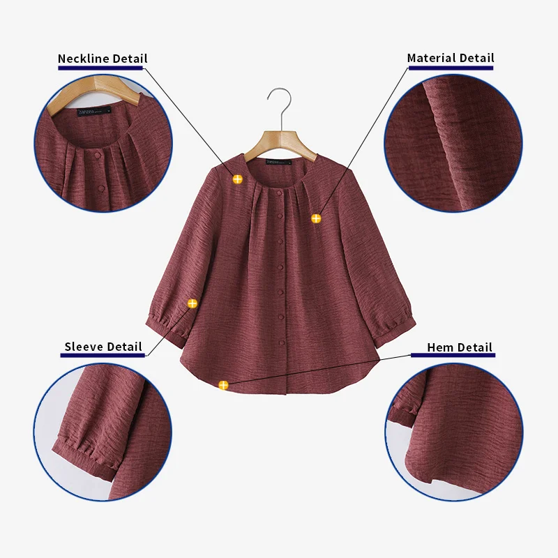 Vintage Shirts ZANZEA Autumn Spring Blouses Women Casual O Neck 3/4 Sleeve Tops Solid Buttons Down Blusas Mujer Femme Work Shirt