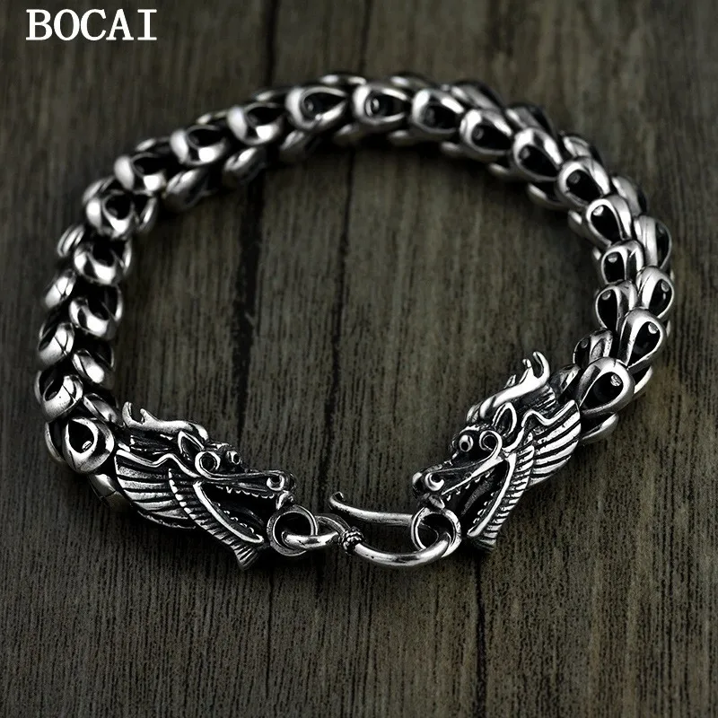 BOCAI S925 Pure Silver Jewelry Retro Simple And Domineering Double Dragon Head Dragon Scale Pattern Men's Bracelet