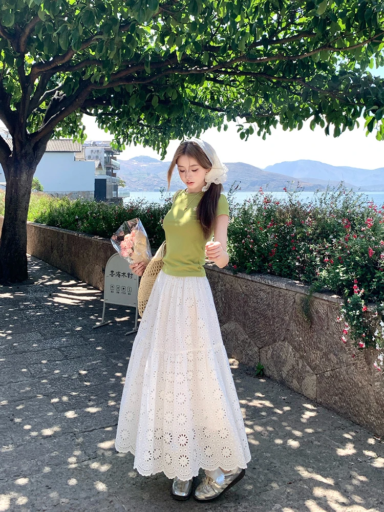 

Ay Snow Pure White Jasmine Hollow out Embroidery Lace Long Skirt High Waist Loose Fit A-Line Daily Wear Ladies Skirt