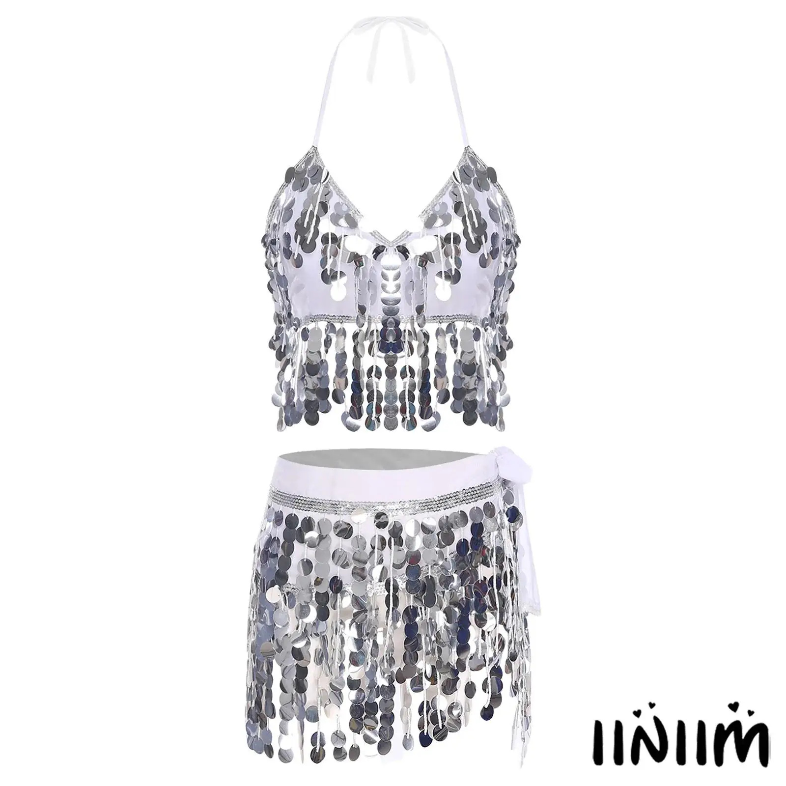 Vrouwen Tribal Dance Wear Tweedelige set Glinsterende pailletten gewatteerde crop top en taille ketting rok set met afneembare franje kwastjes