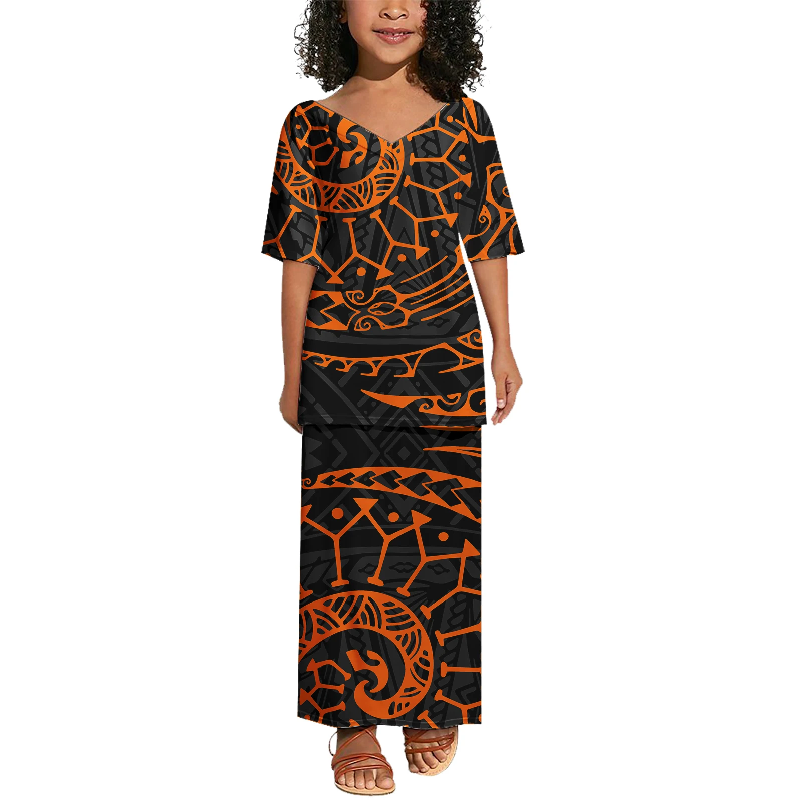 Hawaii Custom Tropical Pattern Clothes Samoa Style Cute Kids Clothing Polynesian Puletasi Outdoor Top and Skirts 2pcs Set Dress