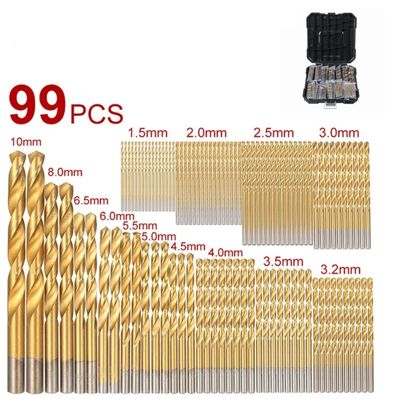 99 Pcs Titanium Drill Bit Set Drilling Hole Tools High-Speed Steel Drill Bits Woodworking Hole Opener