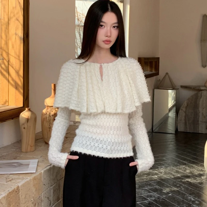 تي شيرت شال أنيق للسيدات بأكمام طويلة بقصة ضيقة على الطراز الكوري بلوزة قصيرة بلون سادة 2026 بلوزات جديدة