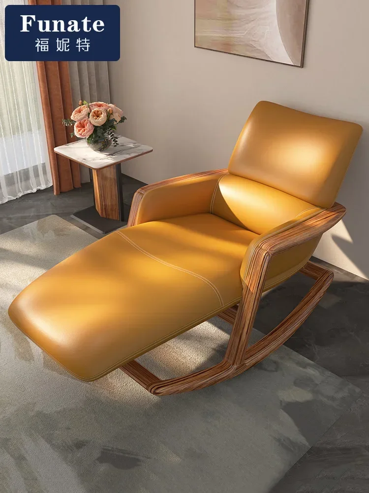 

New Chinese Style Ugyen Wooden Lazy Leather Sofa Balcony All Solid Wood Armchair