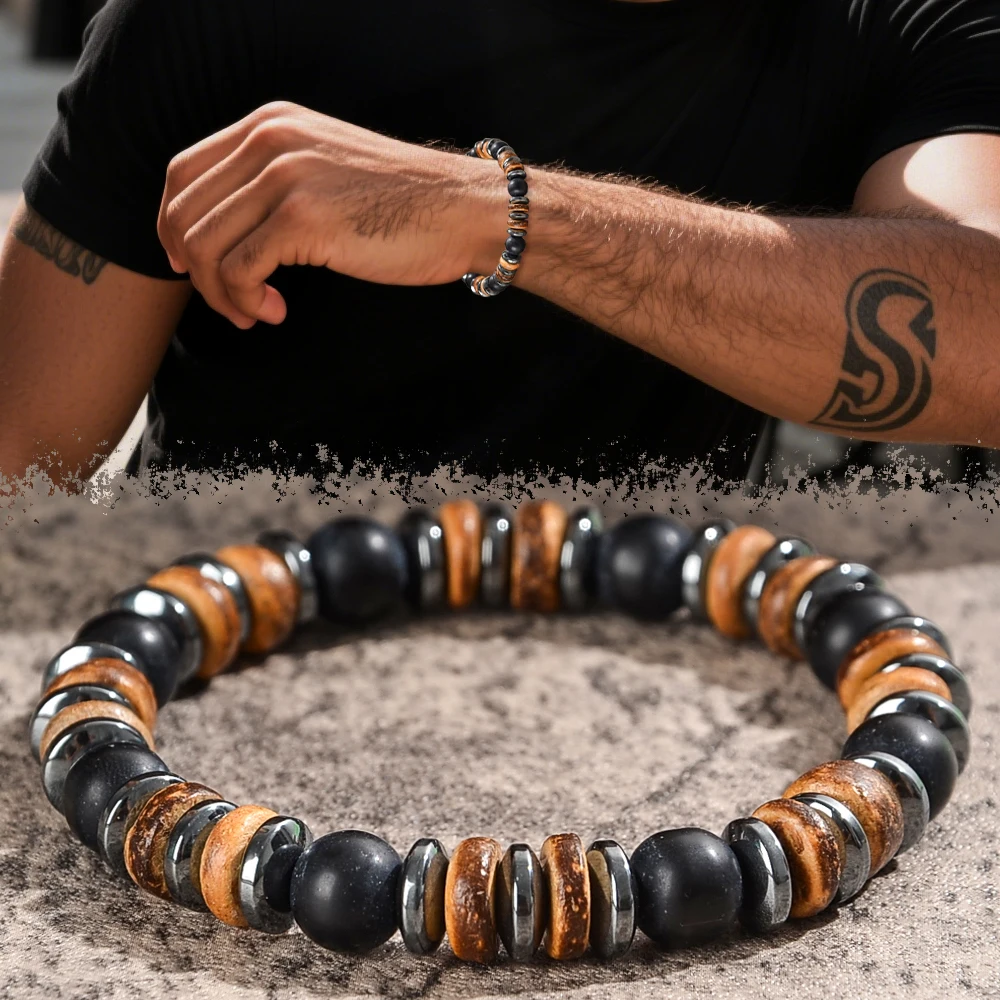 1-teiliges Herren-Perlenarmband, entworfen mit Holz-, Vulkanstein- und Metallperlen, elastisches Armband, geeignet für den täglichen Gebrauch – Detail 5