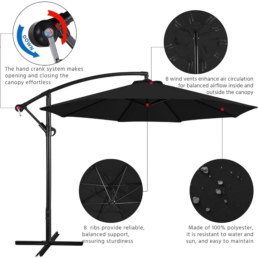 Ombrellone da patio da 10 piedi - Ombrelloni da esterno sospesi a sbalzo con facile inclinazione e base a croce per mercato/giardino/prato/cancelleria/retro