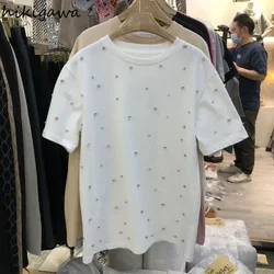 White Woman Tshirts Fashion Summer Tees 2024 Ropa Mujer O-neck Short Sleeve Casual Oversized Tops Heavy Diamond Y2k T Shirts