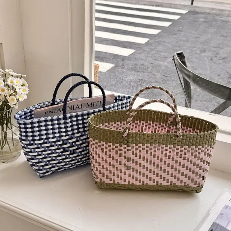 Cute PVC Handbag Weave Bag Large Capacity Bohemian Beach Tote Bag Vacation Style Countryside Holiday Style Vegetable Basket Bag