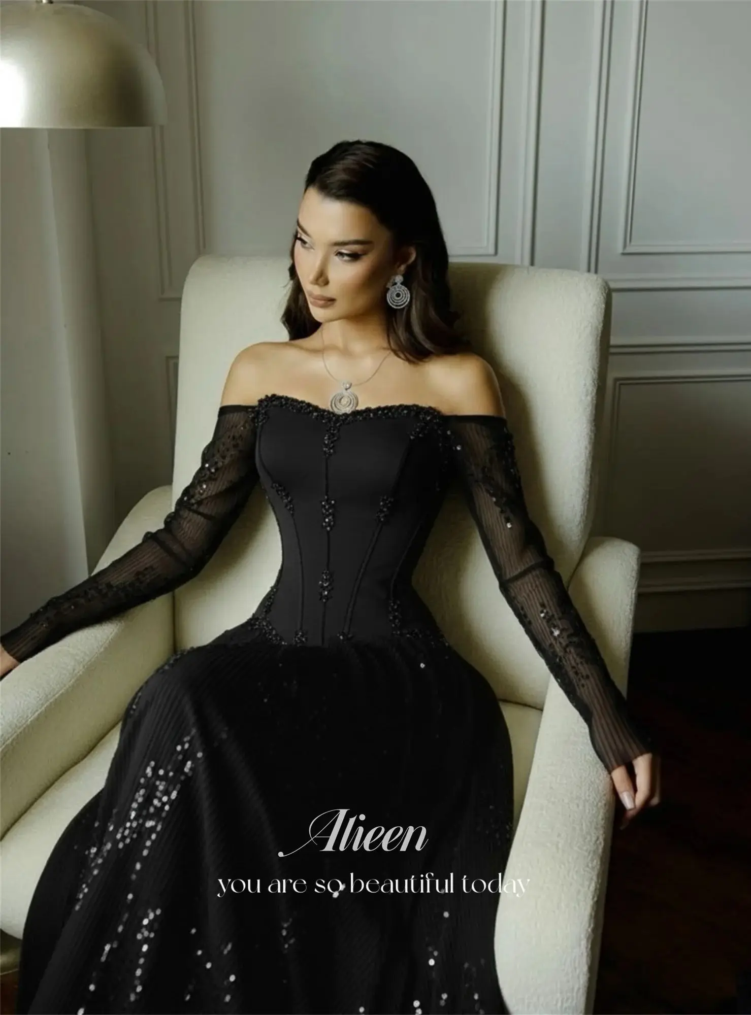 Vestidos de Noche de Lujo Personalizados Aileen para Ocasiones Especiales, Vestido de Noche Negro para Mujer, Vestidos de Fiesta con Encaje, Corte en A, para Graduación