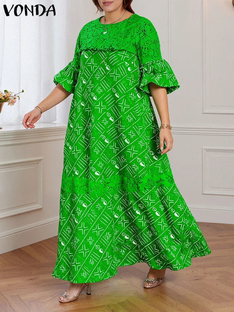 Vestido veraniego de talla grande para mujer, vestido Vintage de retazos de encaje 2025 VONDA, Vestidos de fiesta de media manga, bata informal holgada con cuello redondo