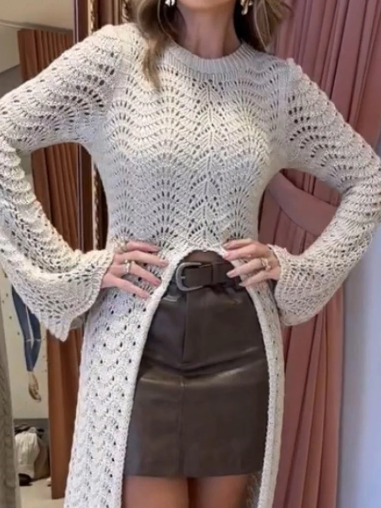 Round Neck Asymmetrical Hem Hollow Out Knitted Sweater Casual Bell Sleeve Top view 4