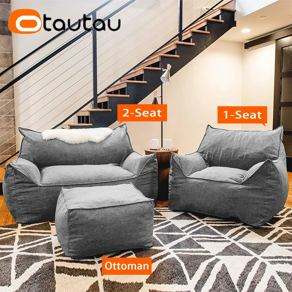 OTAUTAU Adults Thick Cotton Linen Bean Bag Cover Without Filler Floor Sofa Couch Armchair Lazy Beanbag Chair with Ottoman SF159