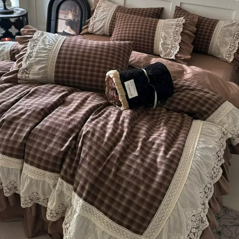 French Style Bedroom Vintage Plaid Washed Cotton 4-piece Set Pure Cotton Embroidery Lace Edge Duvet Cover Princess Bed Skirt