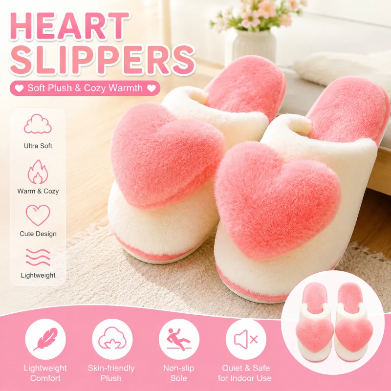 Cute Heart Design Women Indoor Slippers Winter Anti Slip Thickened Warm Faux Rabbit Fur Home House Slippers for Ladies