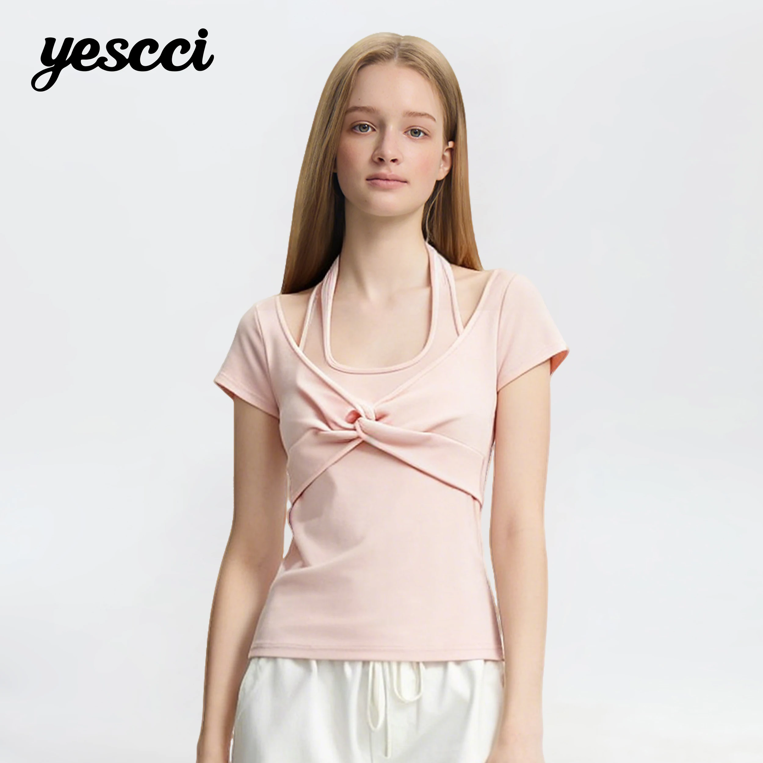 YESCCI Halter Neck Women's Short Sleeve Tee 2026 Autumn New Square Neck Knotted Top Casual Cozy Knit T-Shirt For Women S56311098