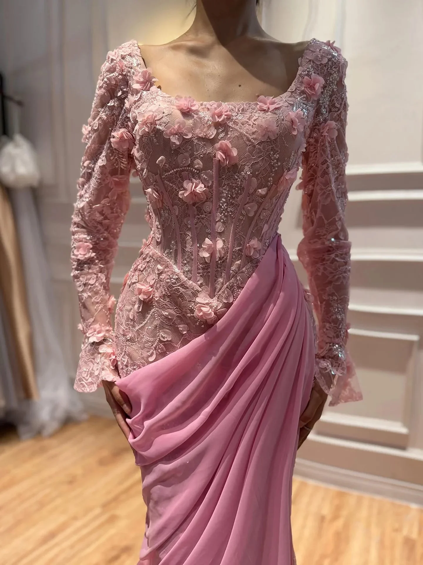 Customized 2026 Luxury Pink 3D Floral Beaded Mermaid Evening Dress Long Sleeve Corset Drape Party Gowns Structured Corset Bodice