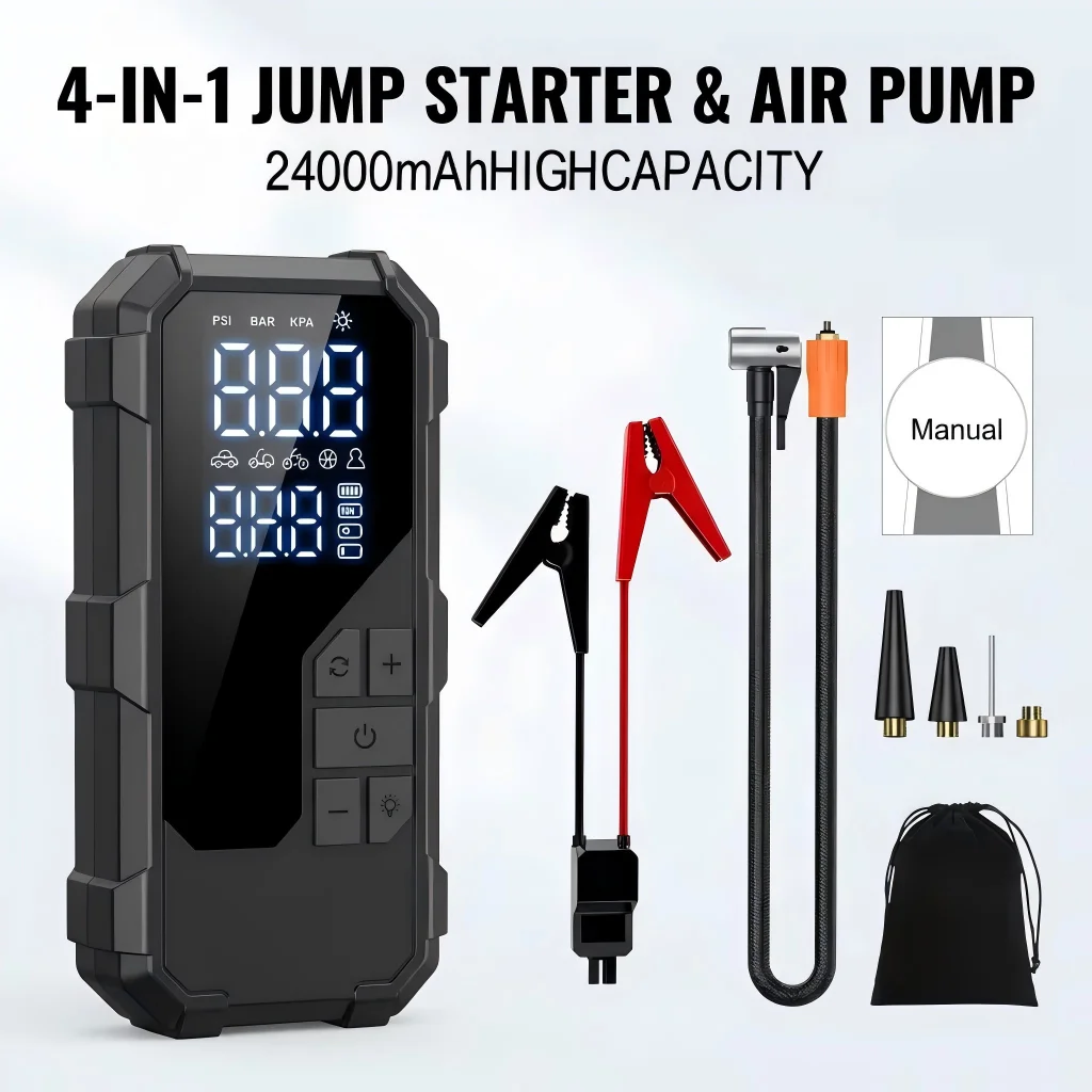 150PSI Car Battery Jump Starter with 25mm Metal Cylinder Air Compressor 4000A Peak Current for 12V Vehicles Pump Car Jump Start