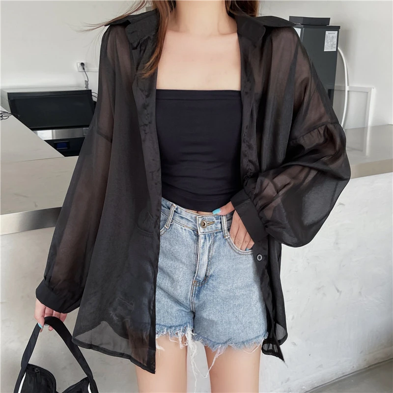 

Women's Shirt Long Sleeve Single Breasted Collared Blouse Sun Protection Shirt Ladies Loose Flowy Semi-sheer Tops Summer Outfit