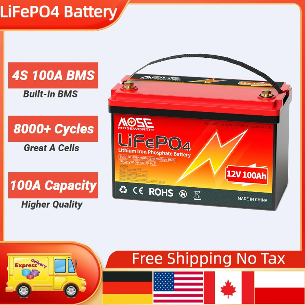 LiFePO4 Battery 12V 100Ah 1280Wh 8000 Cycle 4S BMS Grade A 100Ah 200Ah 24V lithium Pack For RV Boat Solar Home Energy EU NO TAX