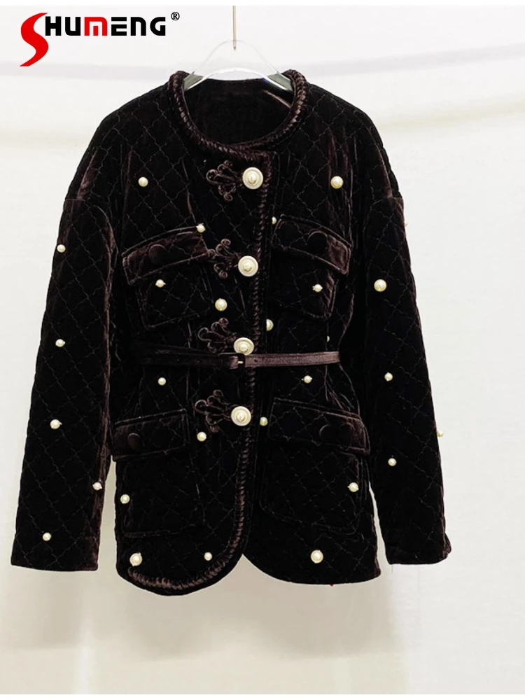 2024 Winter New Chinese Style Feminine Chic Buckle Pearl Bead Velvet Parkas Medium and Long Jackets Women's Cotton Clothing Tops