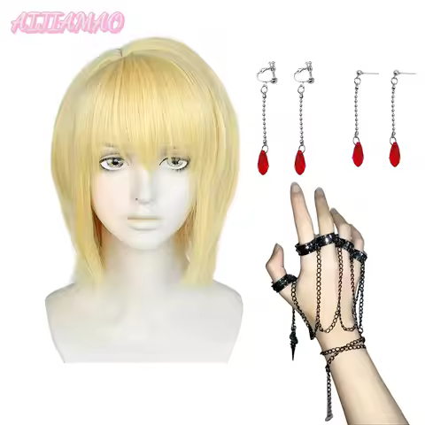 Kurapika Kurta Cosplay Wig Anime Kurapika Golden Wigs Rings Earrings Prop Heat Resistant Party Wigs + Free Wig Cap