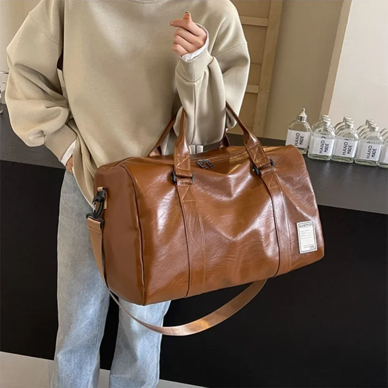 Leather Gym Bag Women'S Travel Totes Duffle Sports Fitness Casual Luggage Handbag Shoes Pocket Shoulder Weekend Outdoor Bag