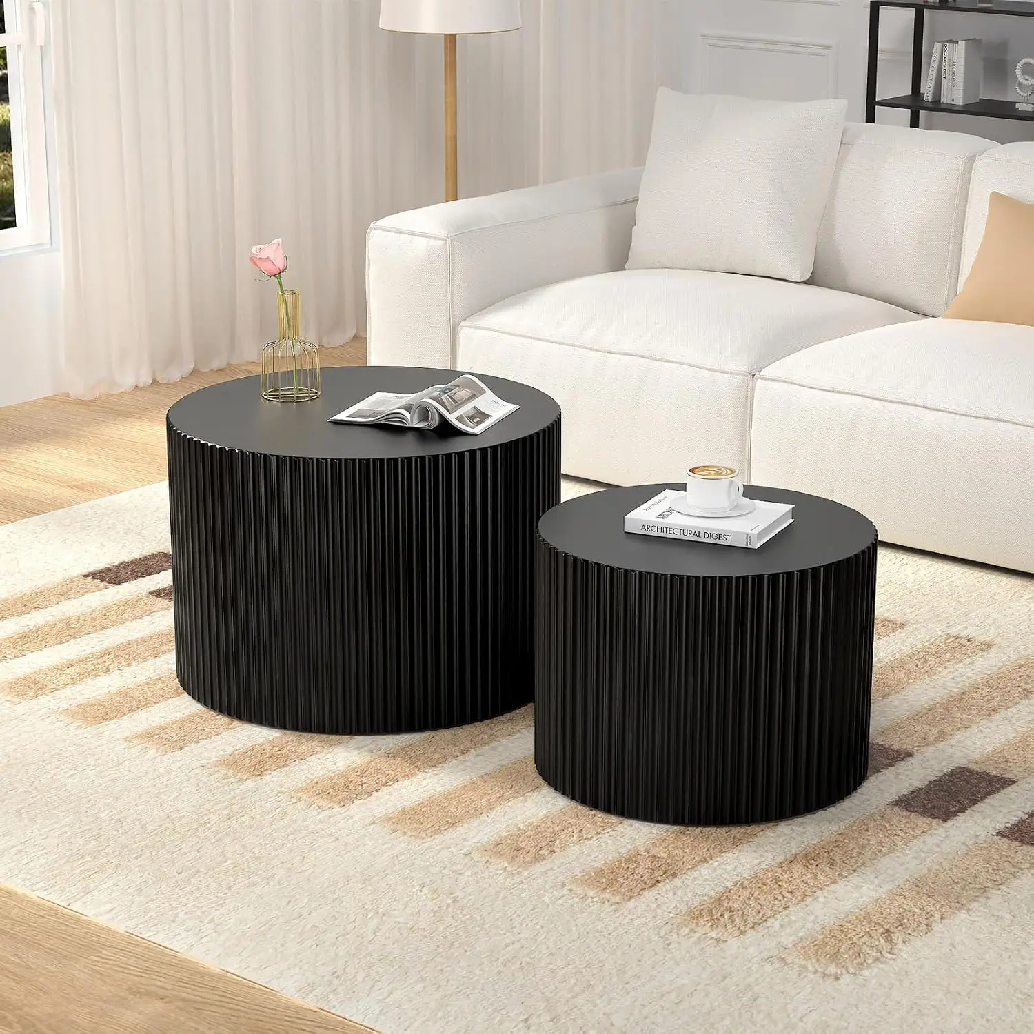 Round Wood Nesting Coffee Table Set of 2 Black 18.9